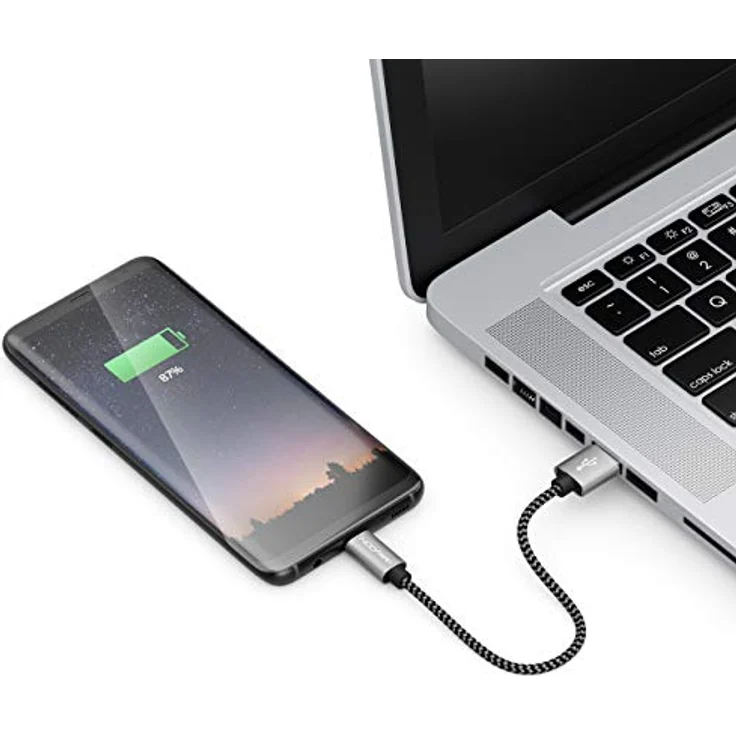 deleyCON 0,15m Nylon USB-C Kabel 15cm Schwarz Kurz Ladekabel mit Metallstecker für Handy & Smartphone – Bild 4
