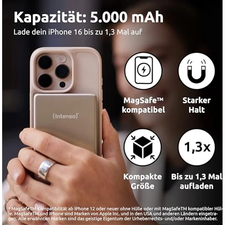Intenso MW5000 Magnetische Powerbank 5000 mAh, MagSafe kompatibel, Wireless Charging 15W, USB-C PD 20W, flach & kompakt, geprüft in Deutschland, Champagner – Bild 3