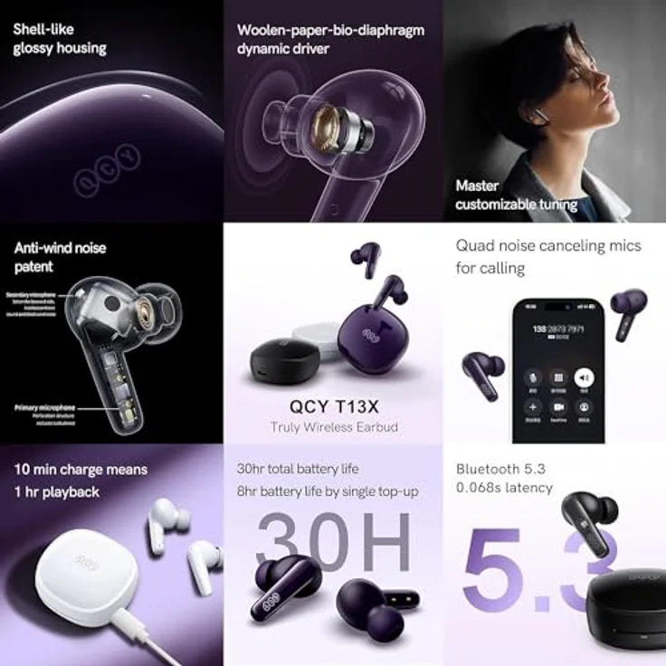 QCY Wireless Earphones TWS T13x (White) - ANC, 8 h, Kabellos, Kopfhörer, Weiss – Bild 10
