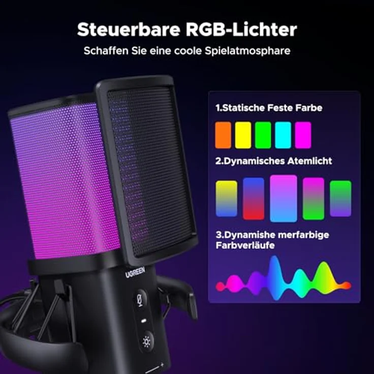 UGREEN Gaming Mikrofon USB, 96kHz/24bit mit DSP-Rauschunterdrückung, RGB-Beleuchtung, Plug and Play für PC, Laptop, Streaming und Podcasting – Bild 3