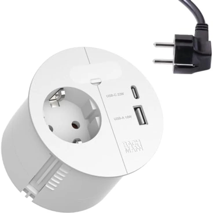BACHMANN Einbausteckdose Loop IN Charge 1x Steckdose 1x USB A/C 22W mit Kabeldurchführung 2m Zuleitung für Büro, Besprechungsraum und Wohnraum in Weiß – Bild 1