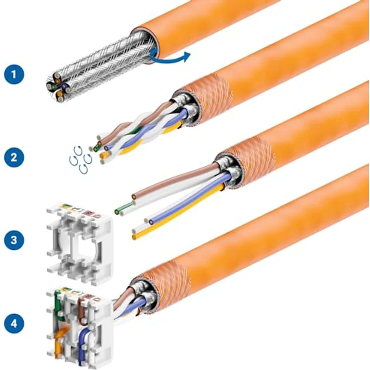 deleyCON 2x CAT6a Keystone Jack Modul Set, 10 Gbit/s mit 2-Port Hutschienenadapter, Metall STP geschirmt, silber – Bild 4