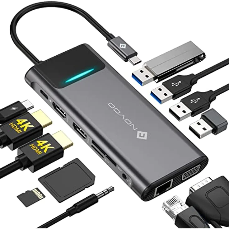 Docking Station, NOVOO 12-in-1 USB C Hub Dreifach-Display, Hub USB C Multiport-Adapter Dual-Monitor 2 HDMI VGA Ethernet USB C auf 4 Port USB, 100 W PD, für MacBook/Dell/Surface/HP etc