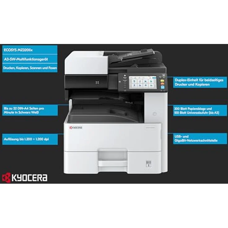 Kyocera Ecosys MZ3201ix, Laserdrucker Multifunktionsgerät Schwarz-Weiß, 32 Seiten A4/min, DIN A3, Drucker Scanner Kopierer Fax, Farb-Touchscreen, 1.200 DPI, Duplex, USB 2.0 – Bild 2