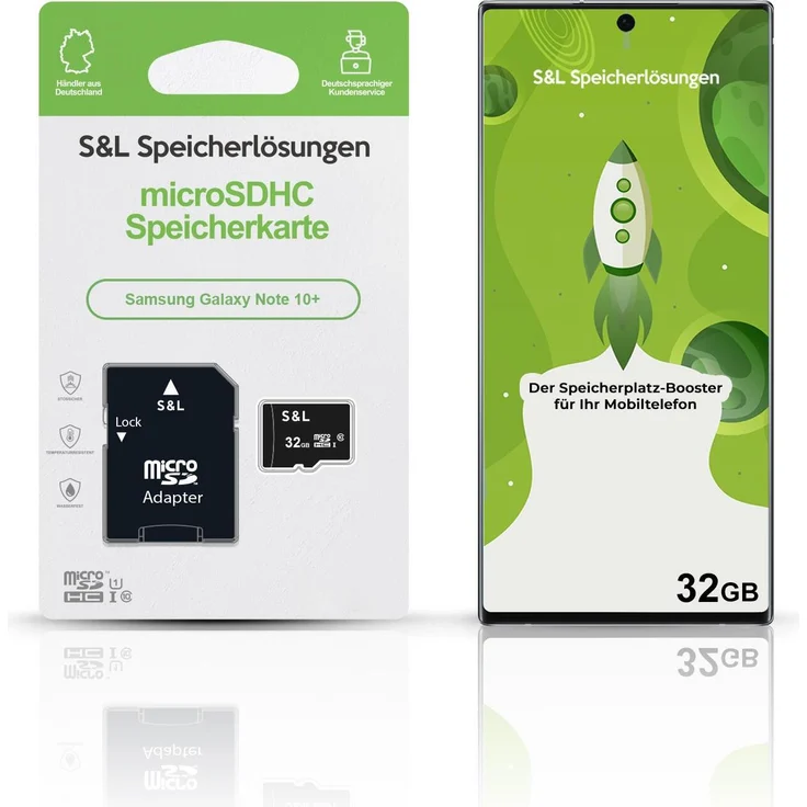 S&L microSD Speicherkarte 32GB für Samsung Galaxy Note 10+, Class 10 U1, stoßsicher, wasserdicht, hohe Lesegeschwindigkeit