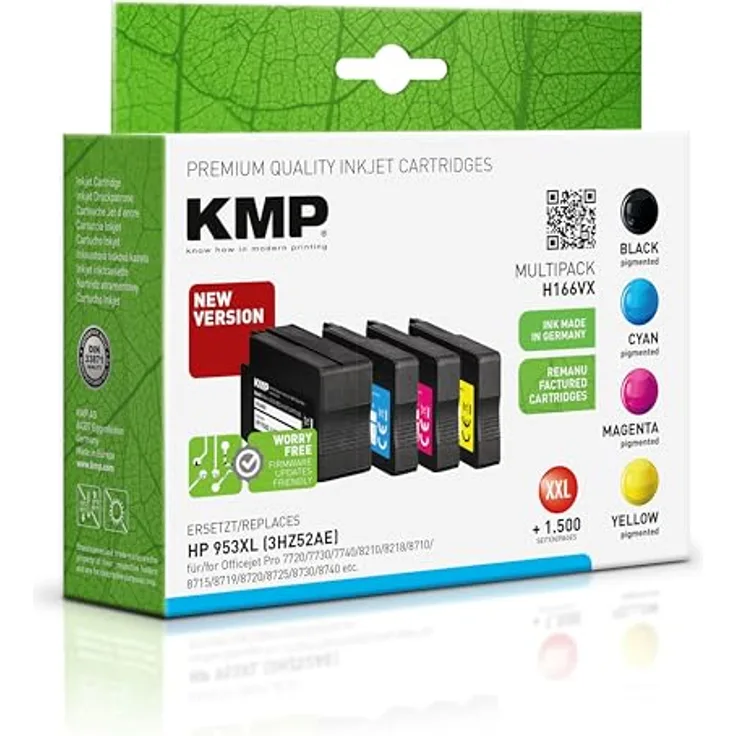 KMP Tinten-Multipack H166VX, 4 Farben (schwarz, cyan, magenta, gelb) für ca. 2000 Seiten, ersetzt HP 953 XL