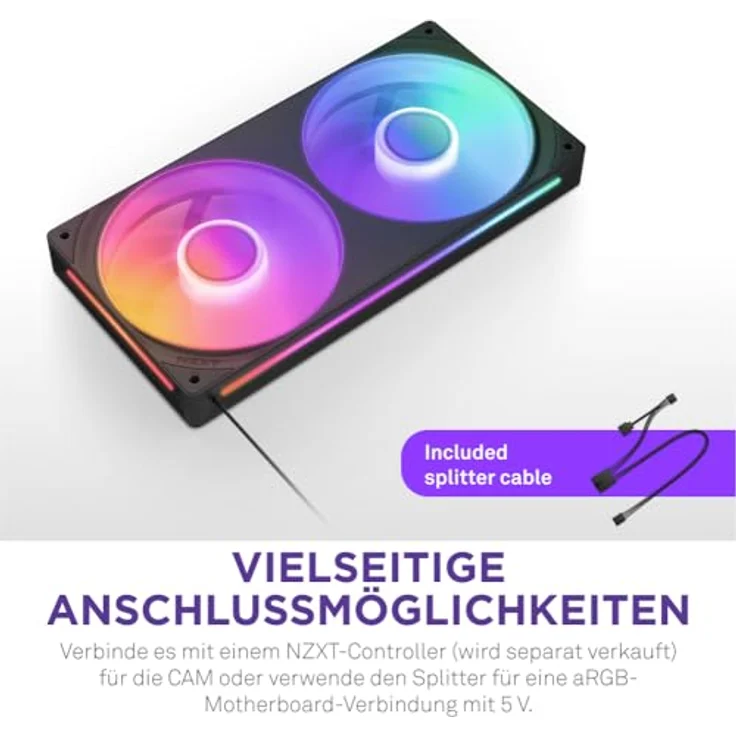 NZXT F240 RGB Core - 240 mm Einzelrahmen-Lüftereinheit mit 2 x 120 mm RGB-Lüftern - Hoher statischer Druck und Luftstrom - 8 aRGB-LEDs pro Lüfter - Schwarz – Bild 3