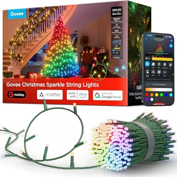 Govee Christmas Sparkle String Lights, 20M RGBWIC Lichterkette mit 250 LEDs, 140+ dynamische Szenenmodi, APP-Steuerung und Alexa-Kompatibilität – Bild 1