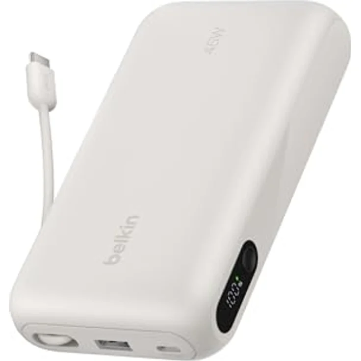 Belkin UltraCharge 20000mAh Power Bank, integriertes USB-C-Kabel, 45 W Leistung, digitale Anzeige – Beige – Bild 1