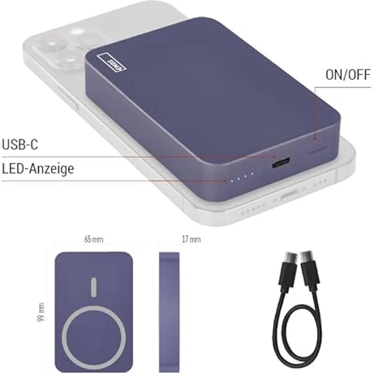 EMOS Powerbank 10 000 mAh WI 1046 mit Magnet - magnetischer externer Akku mit Passthrough und Wireless-Charging - USB-C-Ausgang inkl. USB-Datenkabel - blau – Bild 3