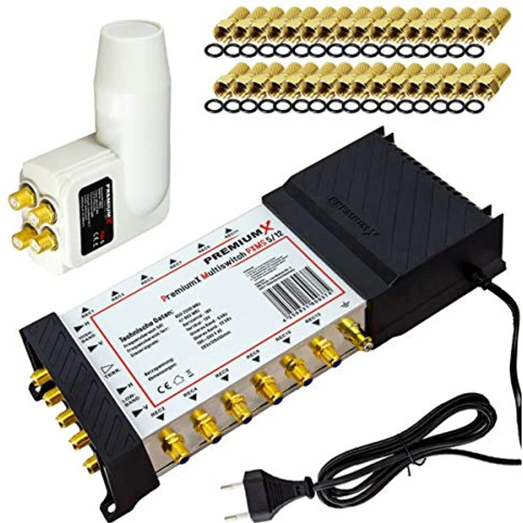 Premium X Multischalter Set 5/12, Multifeed Rocket Quattro LNB in Weiß, 12-fach SAT-Verteiler für DVB-S/S2, inkl. 32 F-Stecker – Bild 1