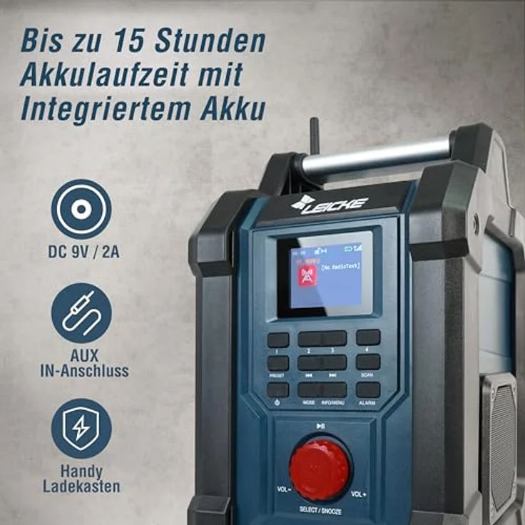 LEICKE Baustellenradio, Digitales DAB+ und FM Radio mit Bluetooth, AUX, 4000mAh Akku, 2 x 15W Lautsprechern und 2.4-Zoll LCD Display, IP54 Schutz – Bild 3