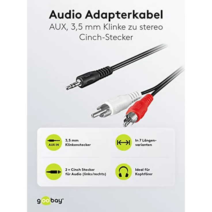 Goobay 50196 3,5mm Klinke / Cinch-Adapterkabel - für Kopfhörerbuchsen an RCA / 3-polig Stereo 3,5 mm-Stecker auf 2x Cinch-Stecker / Schwarz / 3m – Bild 2