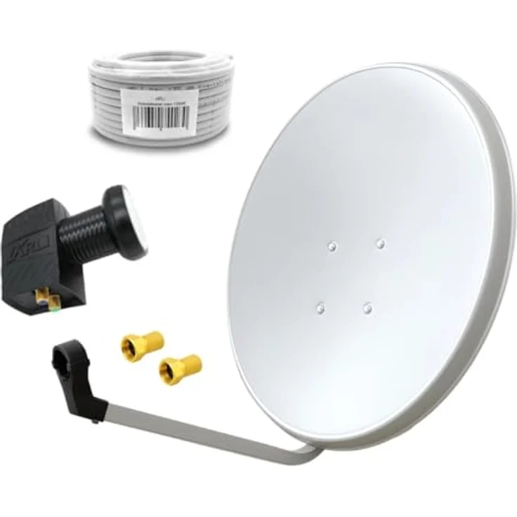 ARLI 60cm HD Satellitenanlage, Twin LNB mit 20m 135dB Koaxialkabel, für 2 Teilnehmer, Ø 55 x 60 cm, lichtgrau, UHD 4K – Bild 1