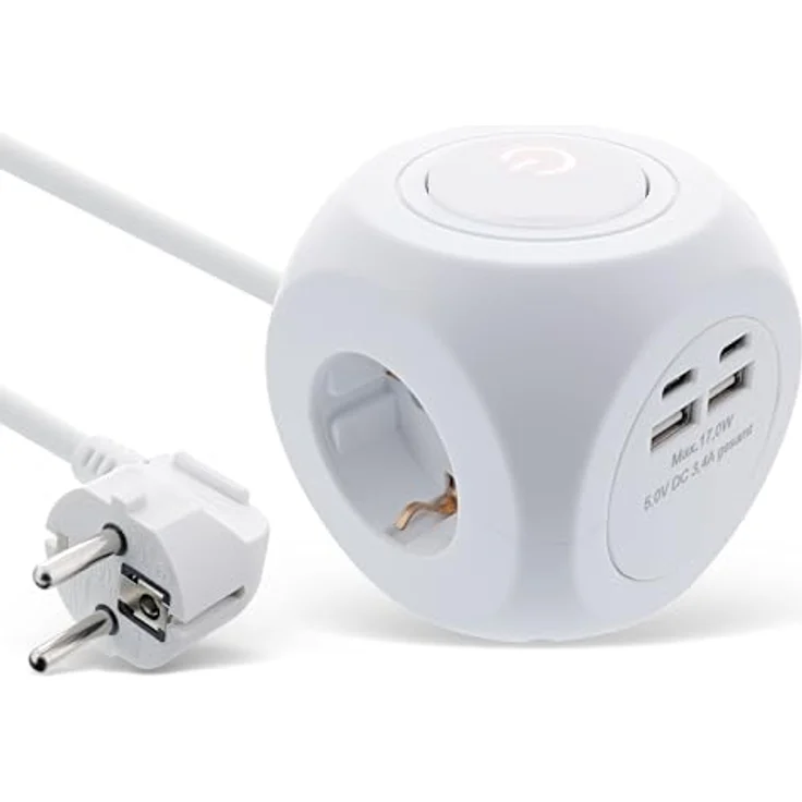 InLine 7-in-1 Steckdosenwürfel mit USB, Charging Cube, 3X Schutzkontakt, 2X USB-C, 2X USB-A, mit Schalter, 2m Kabel, Steckdosenleiste, Mehrfachstecker, Tischsteckdose, 3680W, weiß – Bild 1