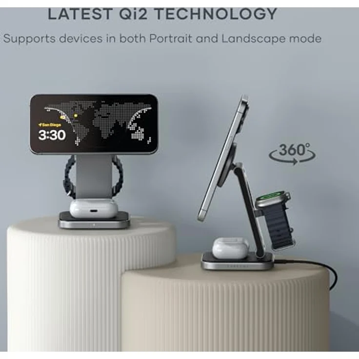 Satechi 3-in-1 Foldable QI2 Wireless Charging Stand (15 W), Grau, mit MagSafe und Apple Watch Adapter – Bild 3