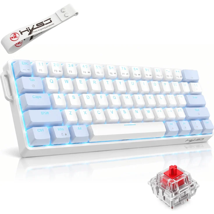 RUHE 61-Tasten mechanische Gaming Tastatur, 60% QWERTY mit USB-C, Red Switches, LED-Beleuchtung in Weiß