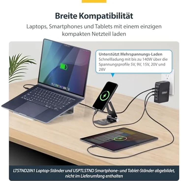 StarTech 3114GCU-WALL-CHARGER, USB-C Ladegerät mit 3 Anschlüssen, 140 W, 28 V, kompakt, Schwarz – Bild 4