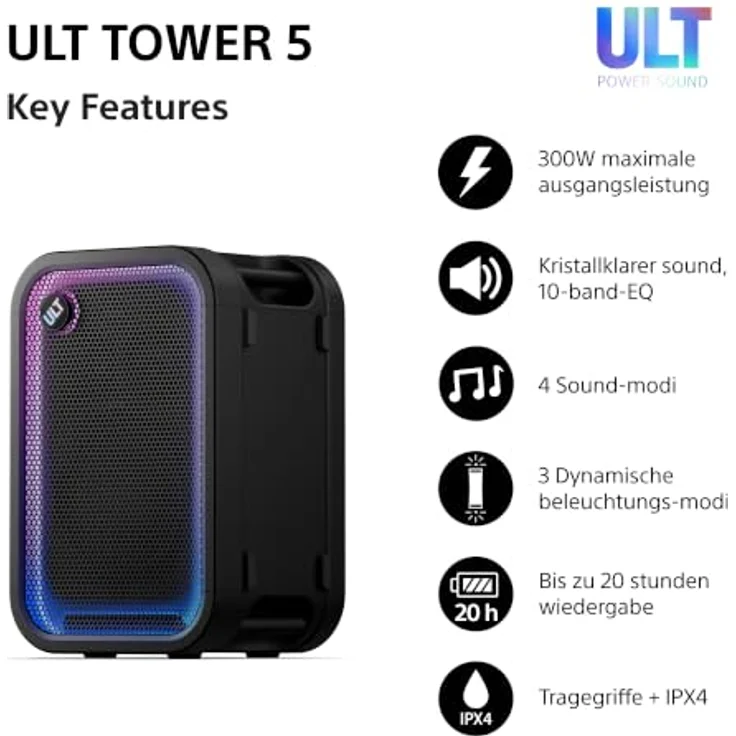 Sony ULT Tower 5, tragbarer kabelloser Bluetooth-Partylautsprecher mit 300 W Bass, 20 Stunden Akkulaufzeit und LED-Beleuchtung – Bild 2