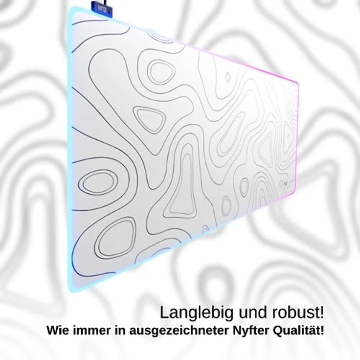 Nyfter XXL Gaming Mauspad RGB White im Topography Design 900 x 500mm Premium Mousepad Size mit hochwertiger Beschichtung und vernähten Kanten – Bild 5