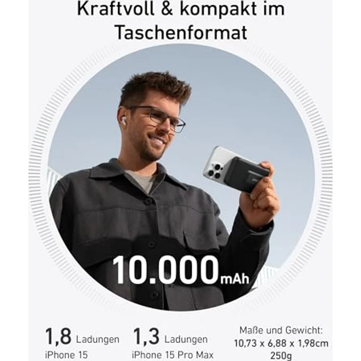 Anker MagGo Powerbank, Qi2-zertifiziertes 15W ultraschnelles MagSafe-kompatibles mobiles Ladegerät, 10.000mAh Akku mit smartem Display & klappbarem Ständer, für iPhone 15/14/13/12, Inkl. USB-C Kabel – Bild 4