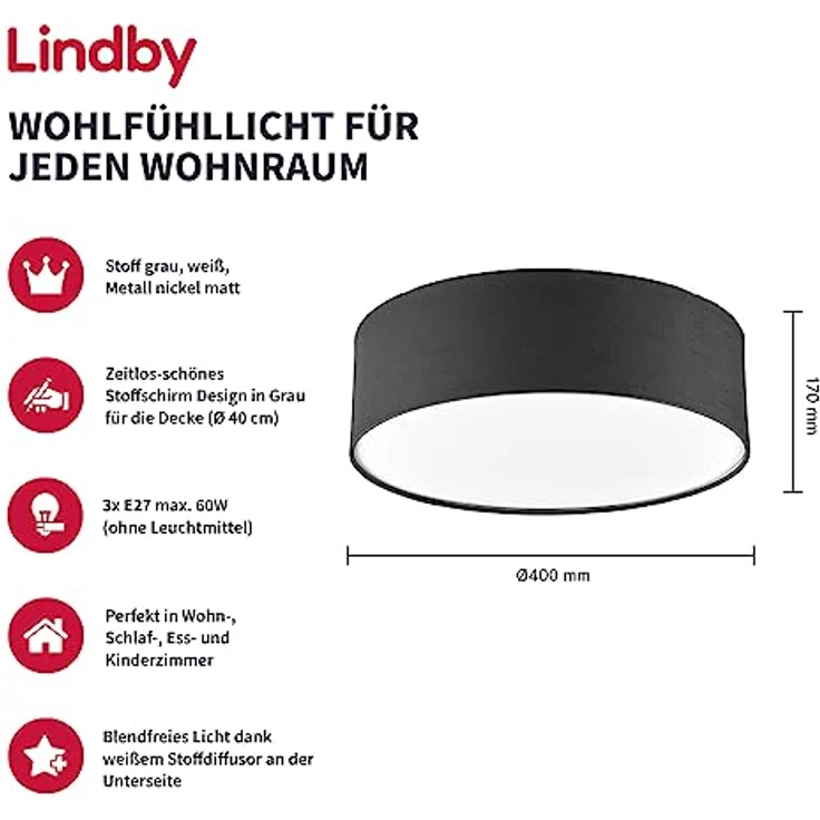 Lindby LED Textil Deckenleuchte rund 40 cm, Deckenlampe Stoff grau, 3xE27 max. 60W, ohne Leuchtmittel - Wohnzimmerleuchte – Bild 2