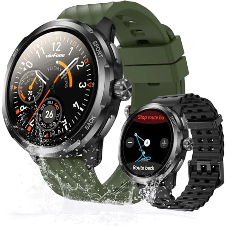 Ulefone Armor Watch Pro, Militärisch wasserdichte Smartwatch für Herren mit GPS, Bluetooth Anrufen, 100+ Sportmodi, 24/7 Herzfrequenzmonitor und Schlafüberwachung, Schwarz