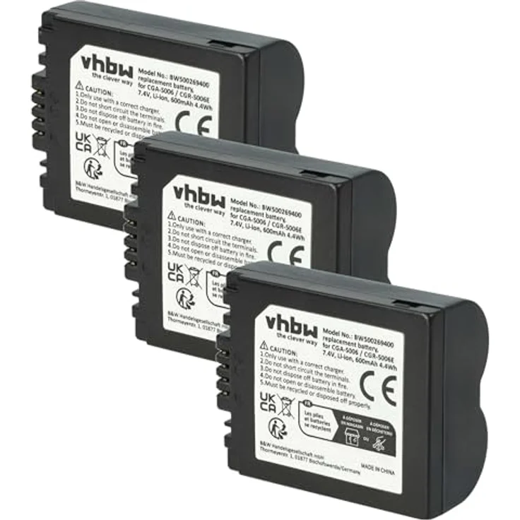 vhbw 3X Akku Ersatz für Panasonic DMW-BMA7, leistungsstarker Lithium-Ionen Akku mit 600 mAh und 7,2 Volt – Bild 1