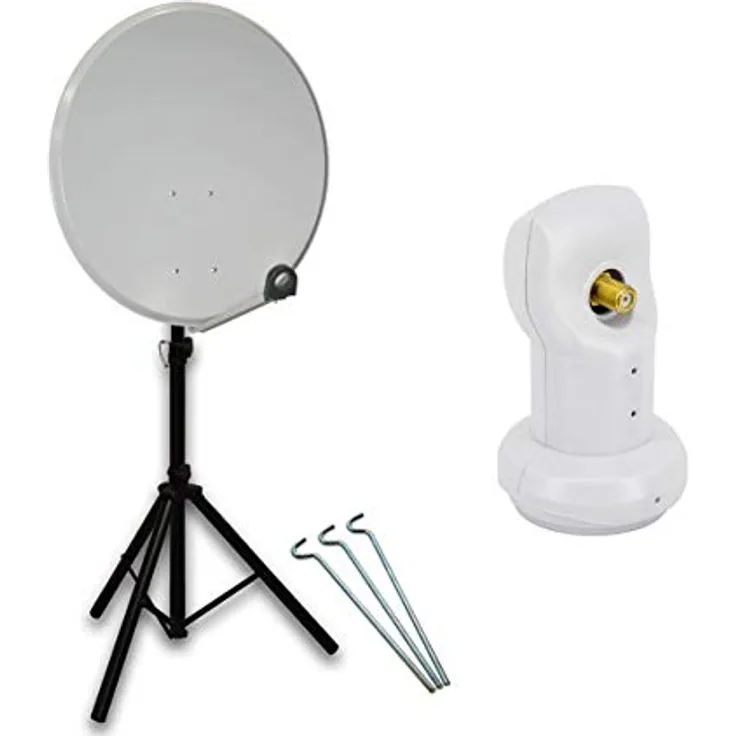 Premium X Mobile Camping SAT Anlage PXS45, 45cm Hellgrau Satelliten-Schüssel mit Single LNB, 4K und robustem Dreibein-Stativ