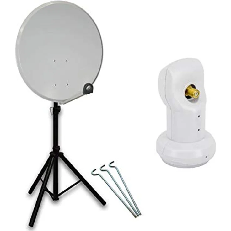 Premium X Mobile Camping SAT Anlage PXS45, 45cm Hellgrau Satelliten-Schüssel mit Single LNB, 4K und robustem Dreibein-Stativ – Bild 1