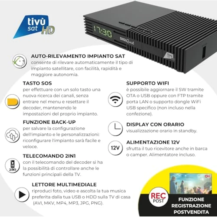 Digiquest Tivùsat Ti9 DVB-S2 Decoder mit Fernbedienung 2 in 1, schwarz, inklusive Tivusat-Karte, Aufnahmefunktion zuschaltbar - DAZN Zone Kanal-fähiges Gerät – Bild 2