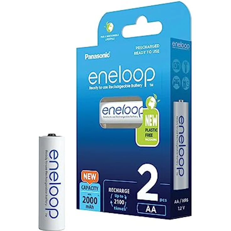 Panasonic eneloop, Ready-to-Use Ni-MH Akku, AA/Mignon, 2er-Pack, verbesserte Kapazität: min 2000 mAh, 2100 Ladezyklen, hohe Leistung & geringe Selbstentladung, wiederaufladbar, plastikfreie Verpackung – Bild 1