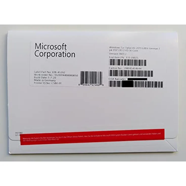 Windows 2019 Server Datacenter x64 1pk DSP 16 Core dt.DVD|Standard|1 Lizenz|unbekannt|PC|Disc|Disc