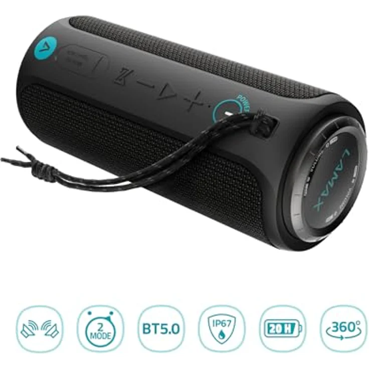 LAMAX Sounder2 Max Bluetooth 5.0 Lautsprecher, 50W, 360° Klang, wasserdicht gemäß IP67, bis zu 20 Stunden Musikerlebnis, BeatBass®, BeatShare®, AUX, USB-C, Schlaufe zum Aufhängen – Bild 3