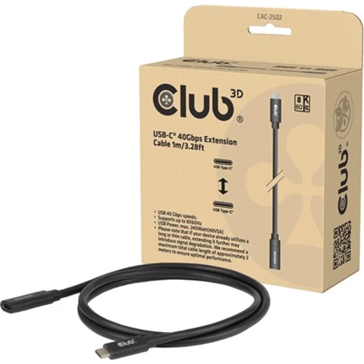 Club 3D CAC-2502 USB-C Verlängerungskabel, USB-C (m/w) 1 m, 48 V, 5 A, 8K60Hz Unterstützung, Schwarz – Bild 7