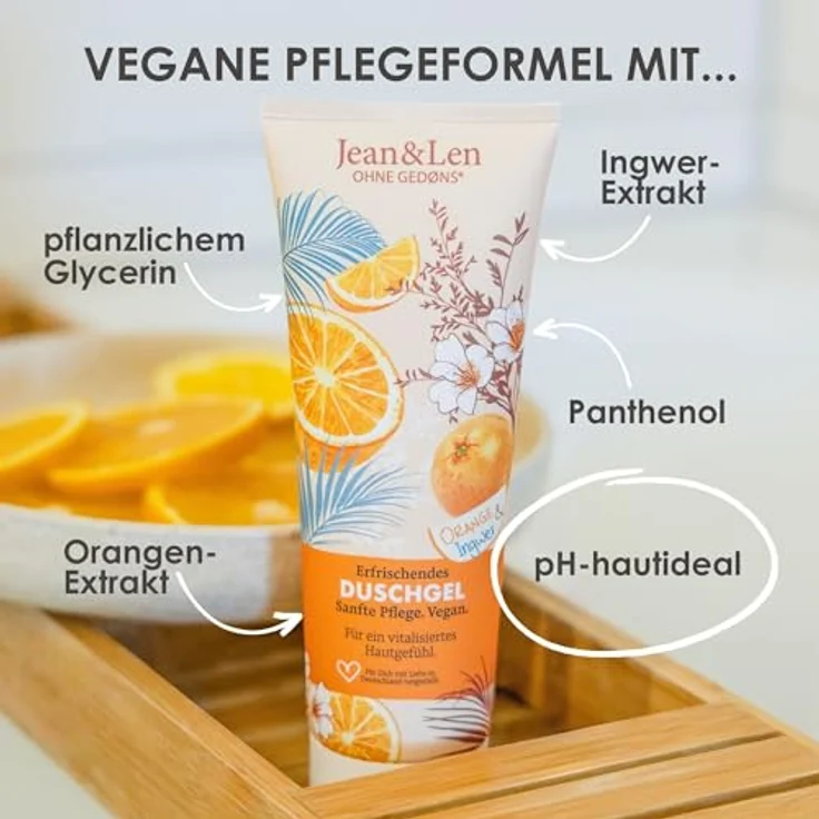 Jean & Len Duschgel Orange & Ingwer, erfrischendes pH-hautideales Duscherlebnis, 250 ml, veganes Duschgel ohne Parabene & Silikone – Bild 4