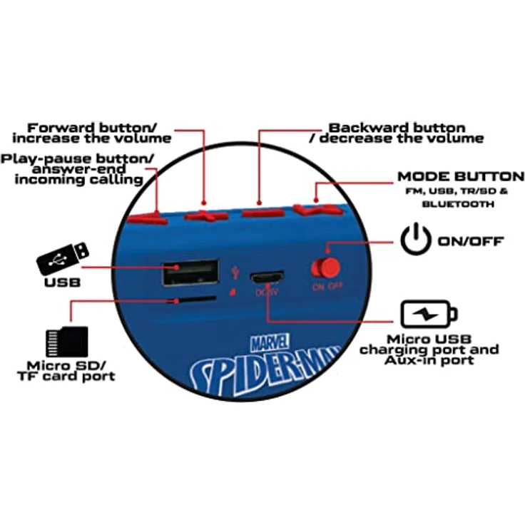 Lexibook BT018SP Marvel Spider-Man Bluetooth-Lautsprecher, blau/rot – Bild 4