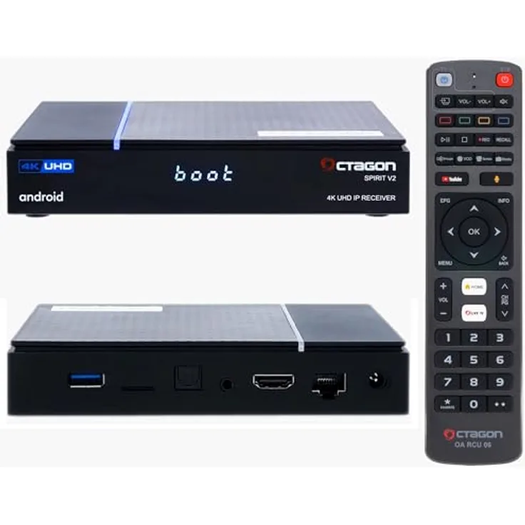 [Test SEHR GUT *] Octagon Spirit PRO 4K UHD Android TV Box, Dual Band WiFi WLAN, Bluetooth Fernbedienung, Sprachsteuerung, HDR10+, HLG, 2GB RAM & 32GB Flash, TV IP Receiver, Bluetooth 5.1