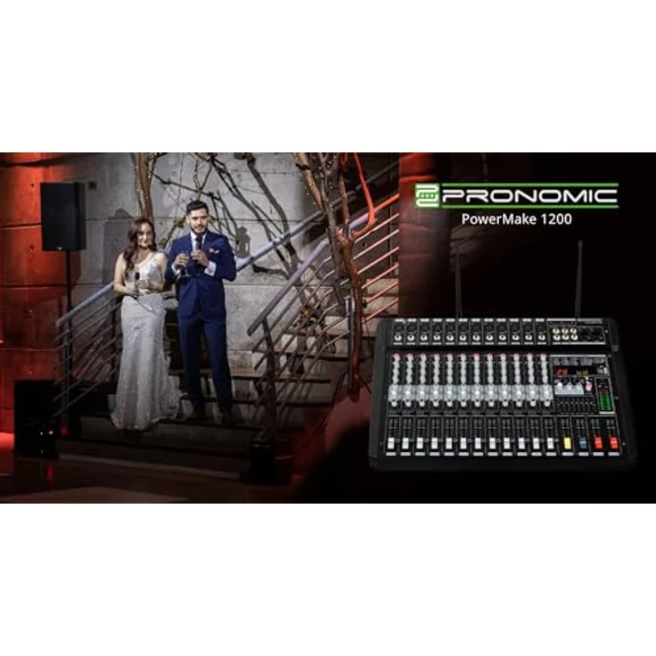Pronomic Powermake 1200 Powermischer - 12-Kanal-Mischpult - 2 UHF-Funkmikrofone - 760 W RMS-Leistung - 24Bit Multi-Effekt-Prozessor - Bluetooth®/USB-Player/Recorder - Grafischer Equalizer - Schwarz – Bild 2