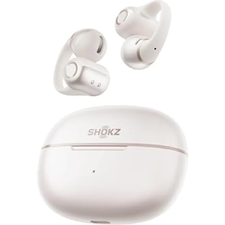 SHOKZ OpenDots 2 Open-Ear Clip-On Earbuds, Dolby Audio mit Deep Bass, 40 Std. Laufzeit, Bluetooth 6.1, IP57 wasserdicht, klare Anrufe mit 3 Mikrofonen, kabelloses Laden, Weiß