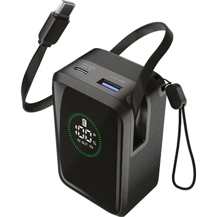 Cellularline Power Bank Roller 10000 mAh, Tragbare Powerbank mit 45 W Ausgang und einziehbarem USB-C-Kabel, Schwarz – Bild 1