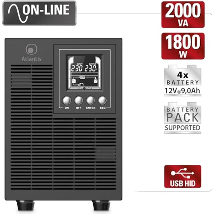 Atlantis Land UPS A03-OP2002P, 2000VA/1800W Online USV Tower mit reiner Sinuswelle, 4 Ausgänge, LCD-Display – Bild 2