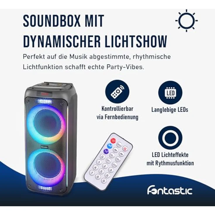 Fontastic Party-Lautsprecher Zeal - Bluetooth Lautsprecher mit USB-Wiedergabe, AUX und MicroSD - Karaoke Box mit Mikrofon und LED Leuchteffekten - tragbare Soundsystem - Schwarz – Bild 5
