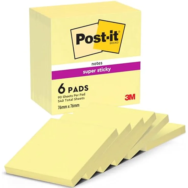 Post-it Super Sticky Haftnotizblock 654-12SYP, 76 x 76 mm, kanariengelb, 90 Blatt, haften auf nahezu allen Oberflächen