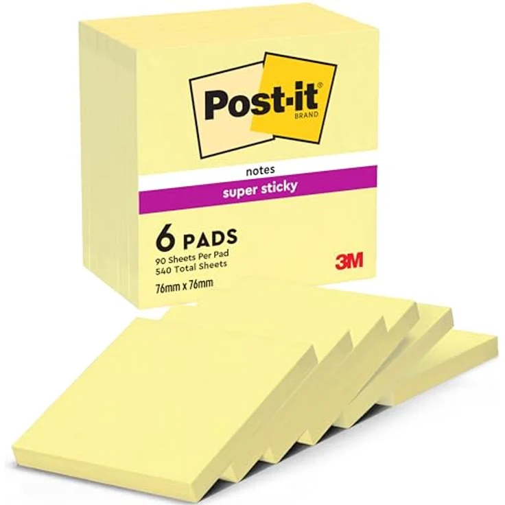 Post-it Super Sticky Haftnotizblock 654-12SYP, 76 x 76 mm, kanariengelb, 90 Blatt, haften auf nahezu allen Oberflächen – Bild 1