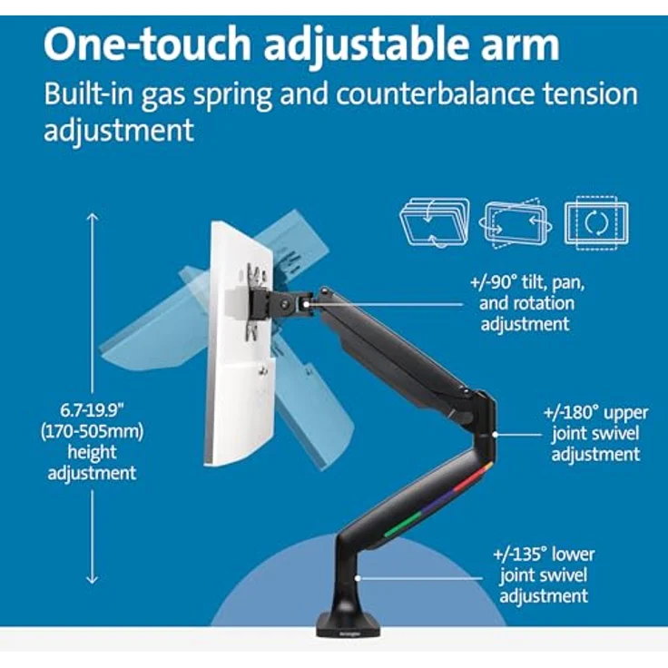 Kensington Single Monitorarm für 1 Bildschirm mit Vesa Befestigungsplatte und One-Touch Design für optimale Höheneinstellung, Gasdruckfeder, Schwarz, K59600WW – Bild 6