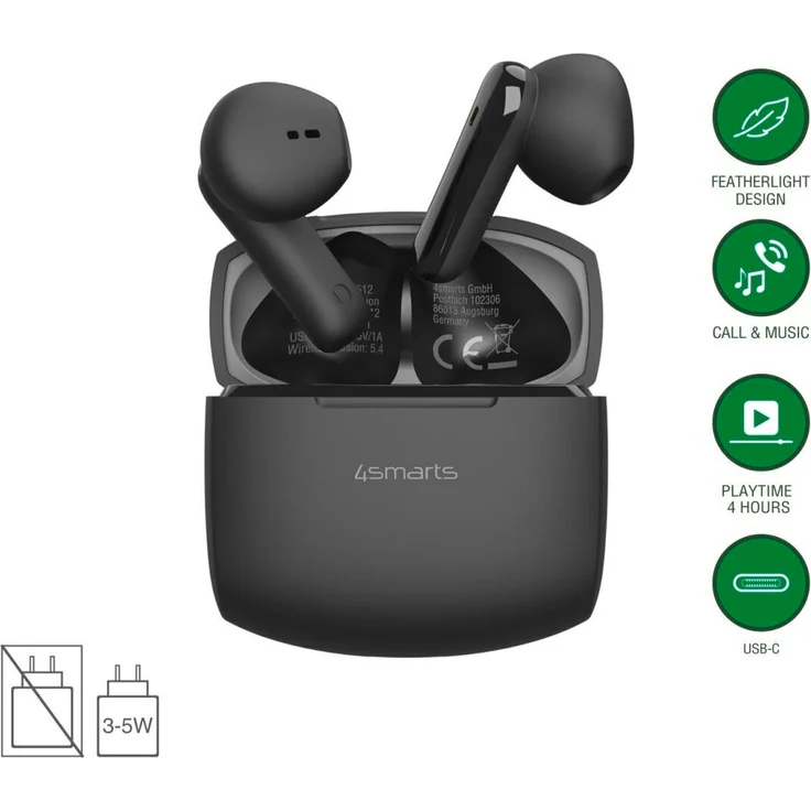 4smarts SkyBuds Air, True Wireless Stereo Kopfhörer für Anrufe, Musik, Sport, 10 m Bluetooth Reichweite, 40 g, Schwarz