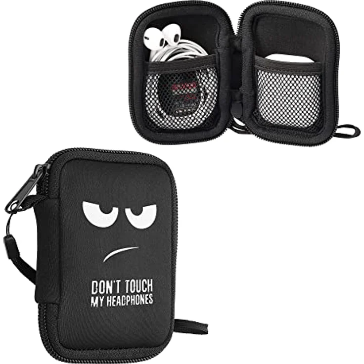 kwmobile In-Ear Kopfhörer Tasche, Neopren Hülle im Don't touch my Headphones Design, 6 x 9 cm, Etui in Weiß Schwarz – Bild 1