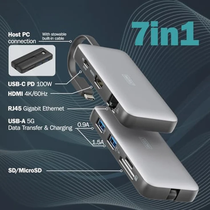 DIGITUS USB-C Travel Docking Station - 7-Ports - 1x HDMI UltraHD 4k/60Hz - 2X USB-A 3.2 Gen1-1x USB-C 100W PD 3.0-1x RJ45 - Dual Kartenleser - Grau – Bild 2