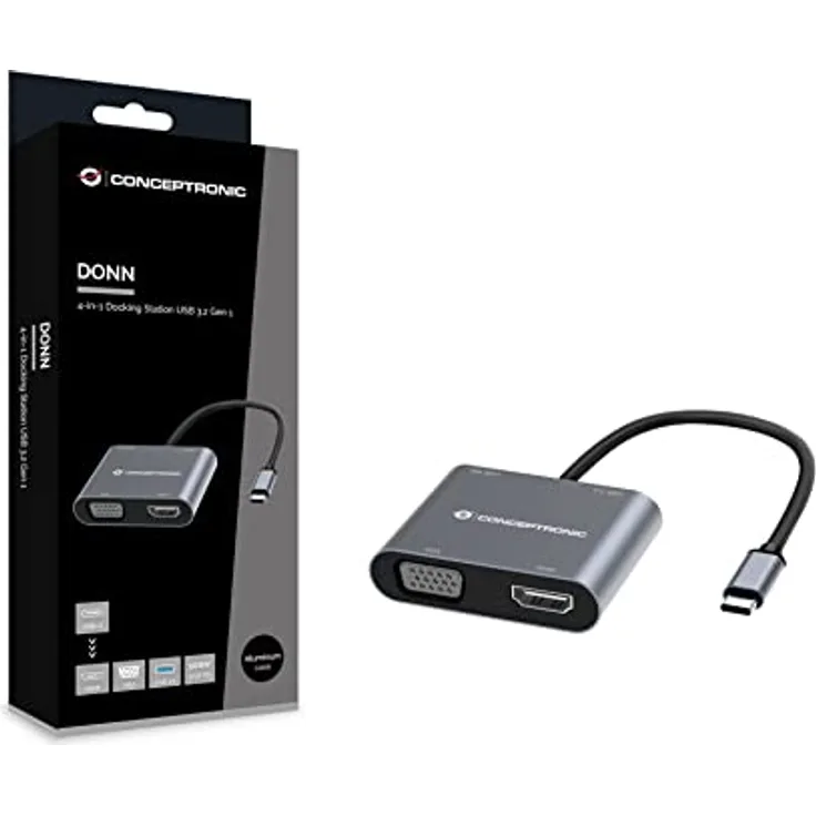 Conceptronic DONN16G Kabelgebunden USB 3.2 Gen 1 (3.1 Gen 1) Type-C Grau, Laptop-Dockingstation mit HDMI und VGA